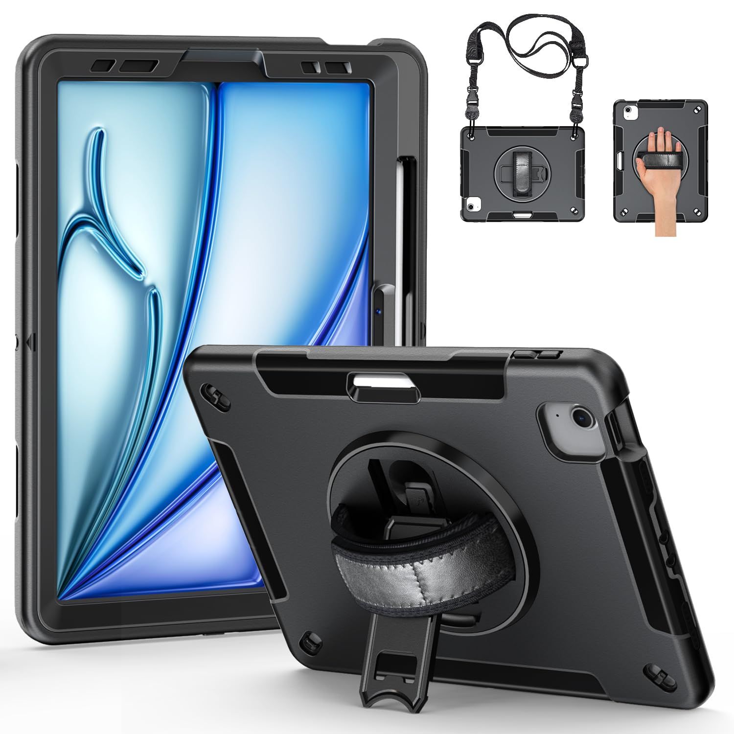 iPad Air 6世代 11インチ ケース M2 2024iPad ZenRich Air 4/5世代 ケース 耐衝撃カバー | ペン収納 | 360回転スタンド | ハンドストラップ | ショルダーストラップ iPad Air 第6世代 11インチ 全面