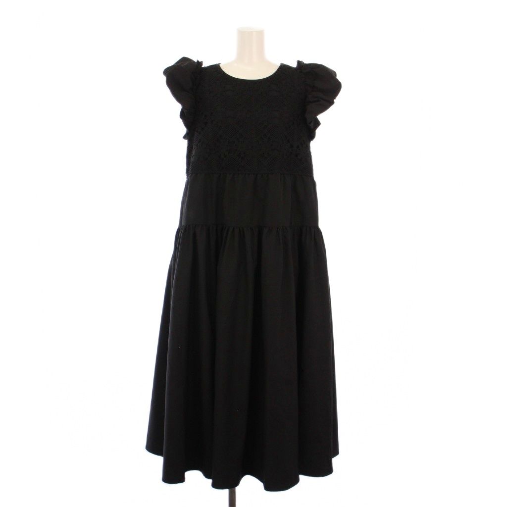 【中古】アンミヌ UNMINOU ハンドクロシェワンピース フレア ミモレ ロング 半袖 バルーンスリーブ レース 刺繍 黒 アンミヌ UNMINOU ハンドクロシェワンピース フレア ミモレ ロング