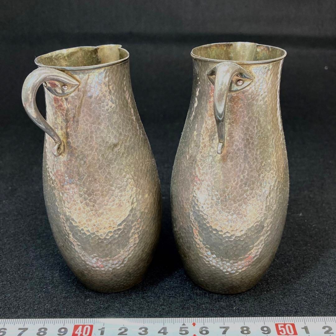 一鶴斎 純銀亀甲酒注一対 共箱 163g 高さ12.5㎝ 東Y5-0517 2F