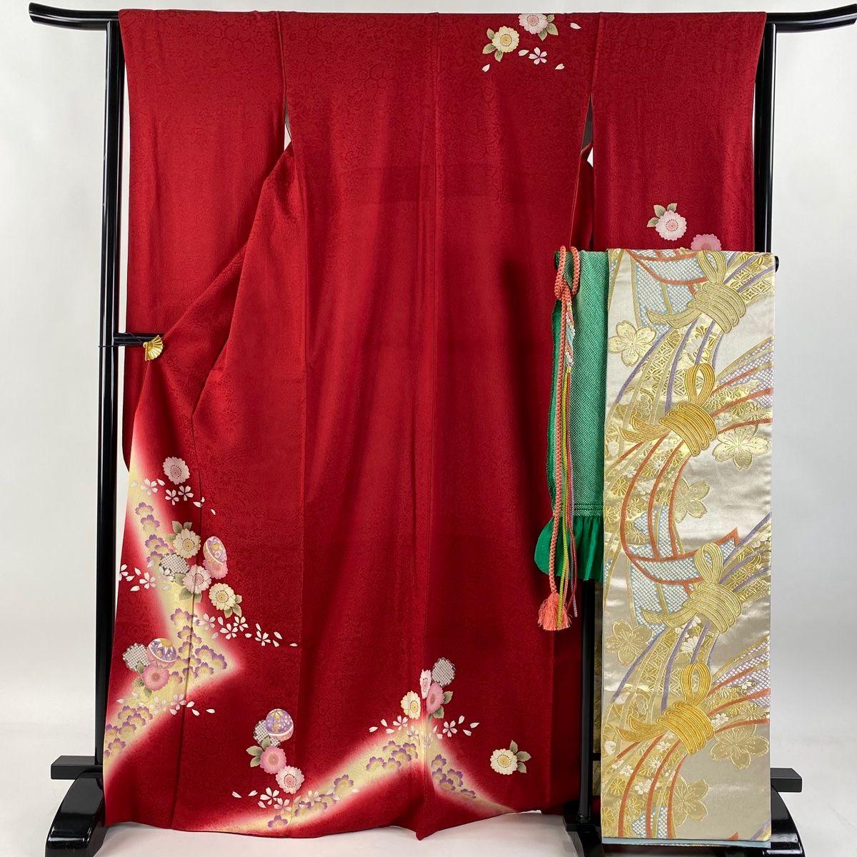 振袖 身丈170cm 裄丈64cm M 袷 袋帯フルセット 桜 鞠 箔 金彩 赤 正絹 秀品