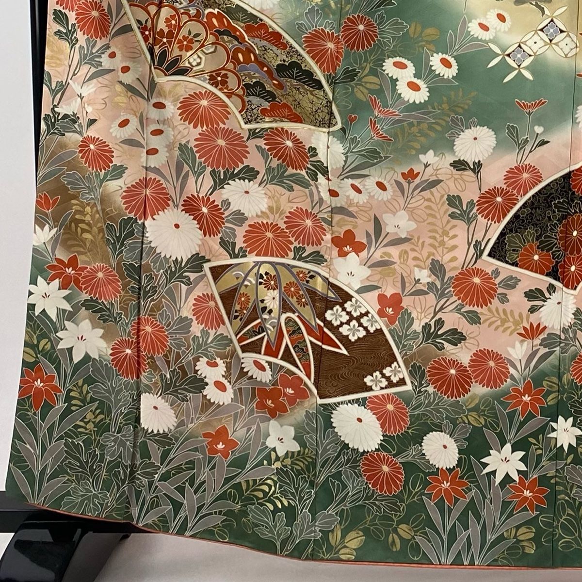 振袖 身丈163cm 裄丈69cm L 袷 扇面 菊 金糸 金彩 灰緑 正絹 秀品