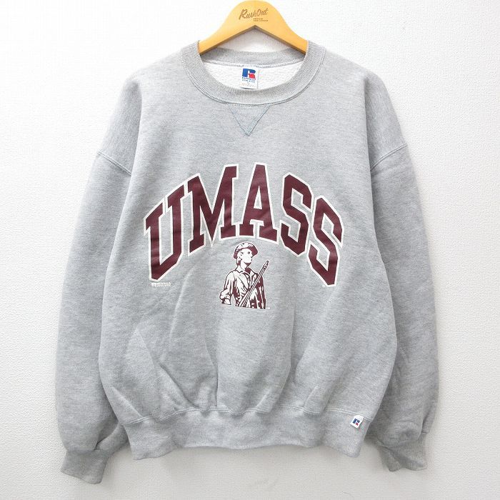 XL/古着 ラッセル 長袖 スウェット メンズ 90s UMASS クルーネック グレー 霜降り 24sep10 中古 スエット トレーナー トップス