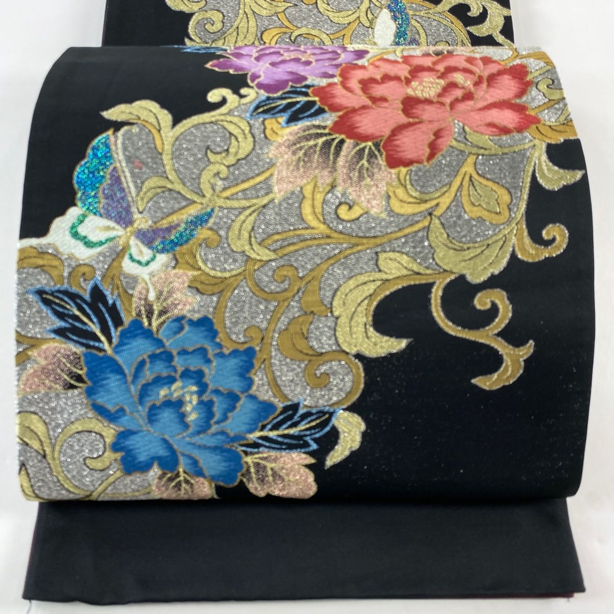 袋帯 秀品 牡丹 蝶 唐織 箔 黒 六通 正絹