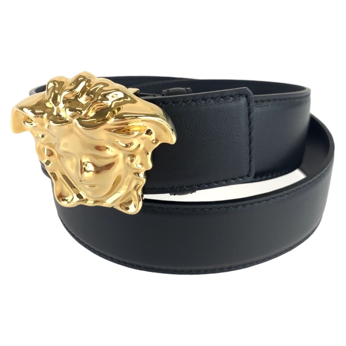 美品 VERSACE ヴェルサーチ メデューサ ブラック 黒 ゴールド金具 レザー ベルト バッグルベルト メンズ 403342
