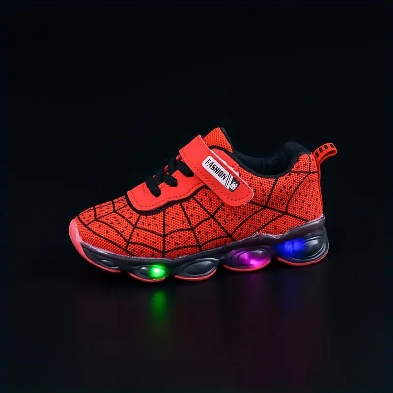 LEDライト付きキッズスニーカートレンディでクールなスパイダーネットロートップスニーカー、LEDライト付き、男の子、子供、ティーンエイジャー向け、通気性のある軽量アンチスリップス