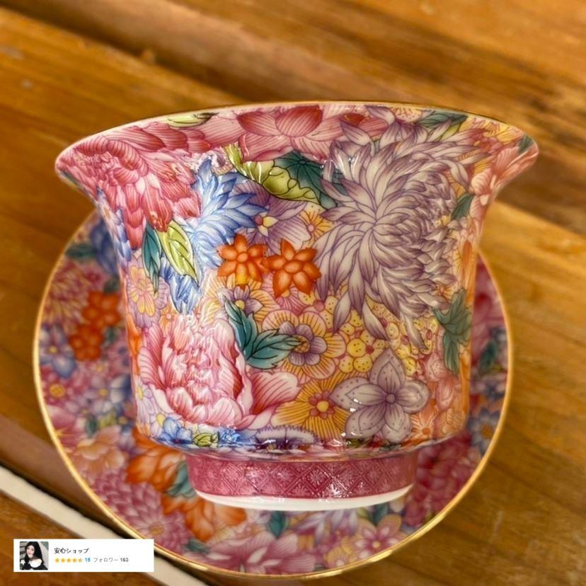 中国茶器 景徳鎮 琺瑯彩万花馬蹄三才蓋碗 茶杯 煎茶器 新品未