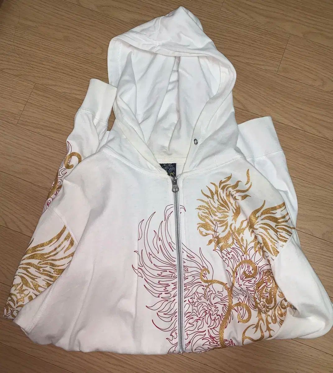 白 オリエンタル 金メッキ プリンティング ジップアップパーカー フード付き y2k ヴィンテージ
