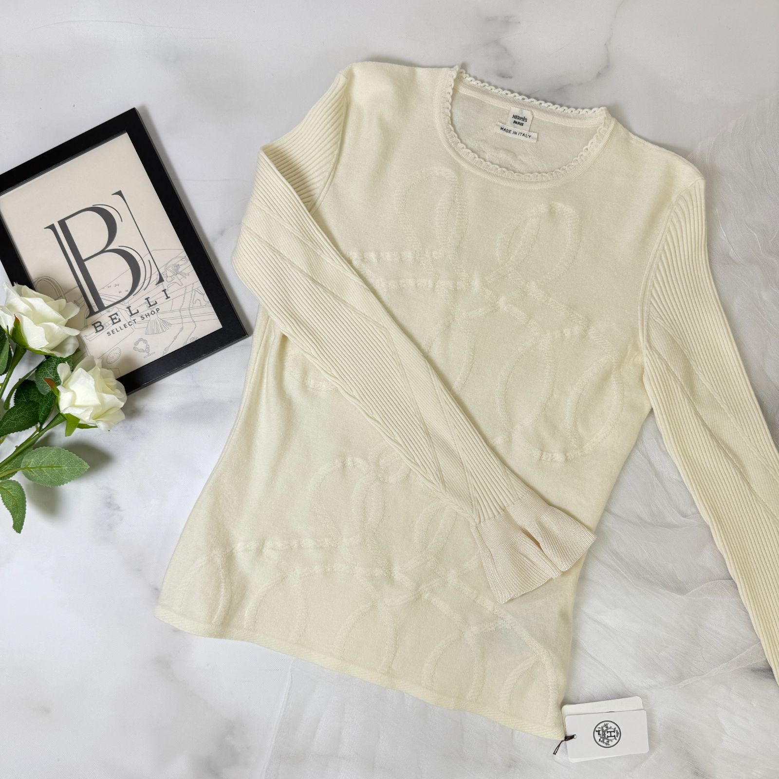 鑑定済み エルメス PALEFROI REMIX 36 Sサイズ程度 ホワイト ウール ナイロン シルク 長袖 ニット