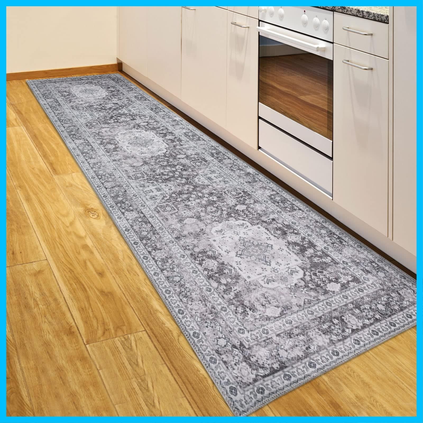 【速発送】DECOMALL キッチンマット 240 洗える 台所マット おしゃれ ペルシャ風 ラグ マット 60x240CM 廊下 カーペット オールシーズン 滑り止め グレー 防ダニ 防臭 床暖房対応