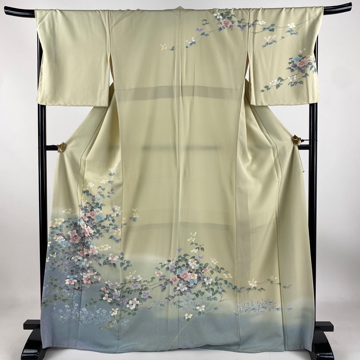 訪問着 身丈169cm 裄丈69cm L 袷 枝花 草花 ぼかし 染め分け 抹茶色 正絹 秀品