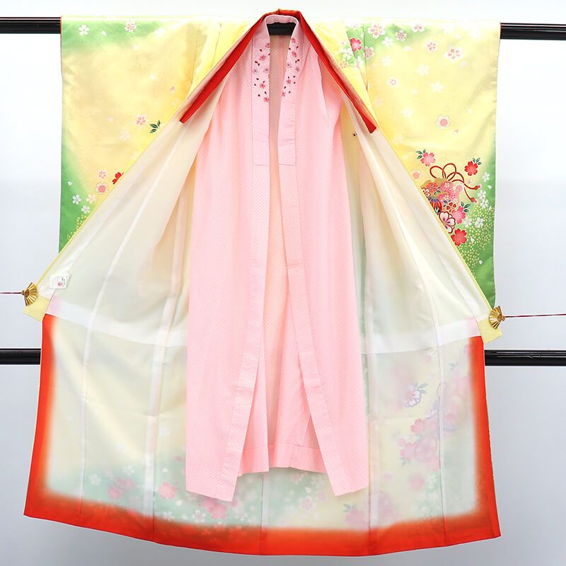 七五三 お祝い着 女児 7歳 リサイクル着物 長襦袢セット キッズ ガール ポリエステル 黄色 緑 鈴 雪輪 身丈130cm 裄丈53cm リサイクル 1点もの 即日発送 STEELWINDOWSANDDOORS_COM