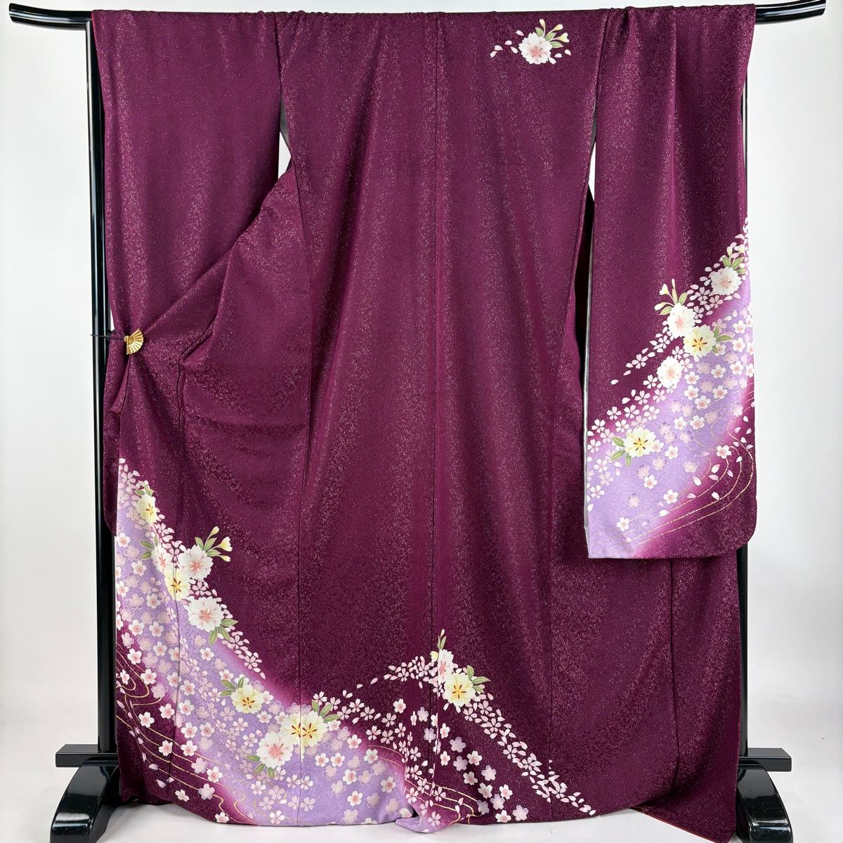 振袖 身丈175cm 裄丈73cm L 袷 桜 流水 銀通し 金彩 赤紫 正絹