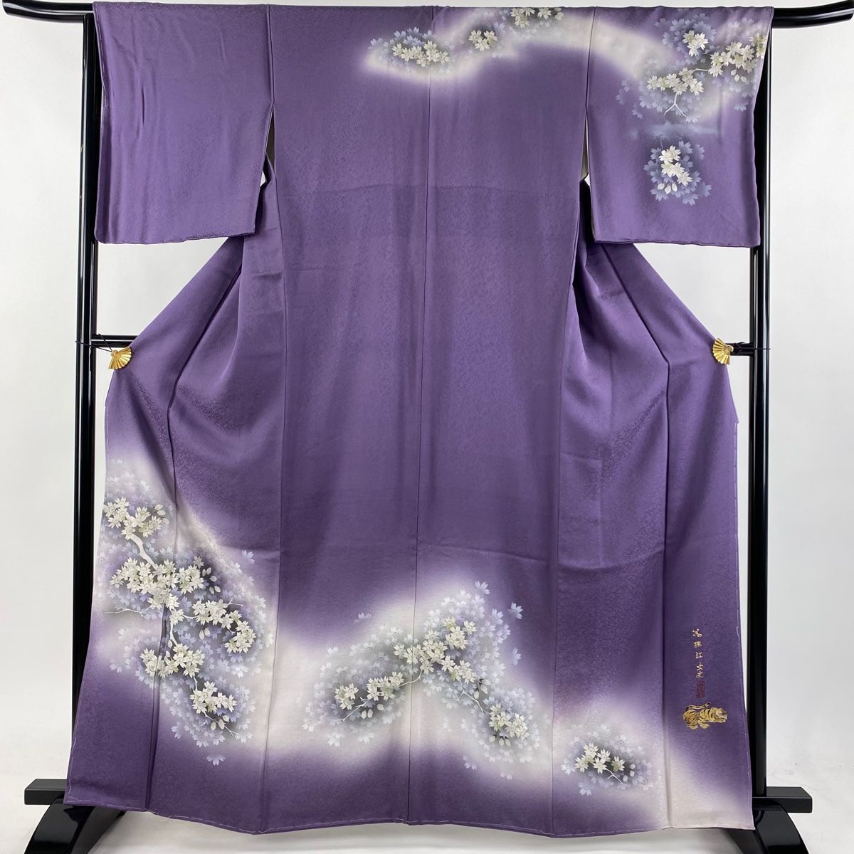 訪問着 身丈162.5cm 裄丈65.5cm M 袷 落款 桜 銀彩 ぼかし 紫