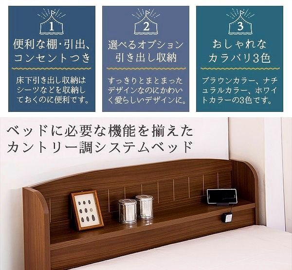 棚 コンセント 引き出し付き カントリー調 ベッド ダブル 低反発ウレタン入ポケットコイルスプリングマットレス付 マット付 D 引出 ホワイト ナチュラル ベット マットレスセット white natural 白 WH NA ダブルサイズ double かわい