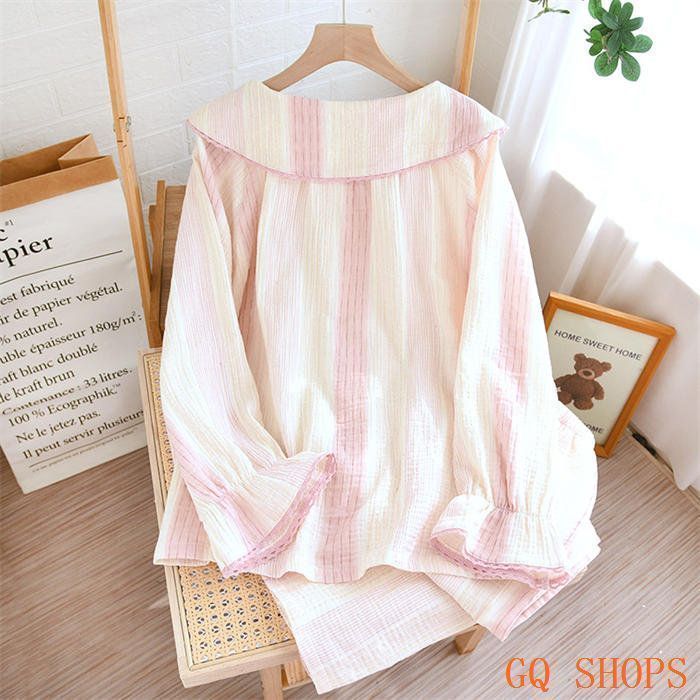 ガーゼ パジャマ レディース 大きめ 襟付き レース ダブルガーゼ ルームウェア 春 秋 冬 長袖 ロングパンツ ウエストゴム 部屋着 セットアップ 2点セットXZ0524