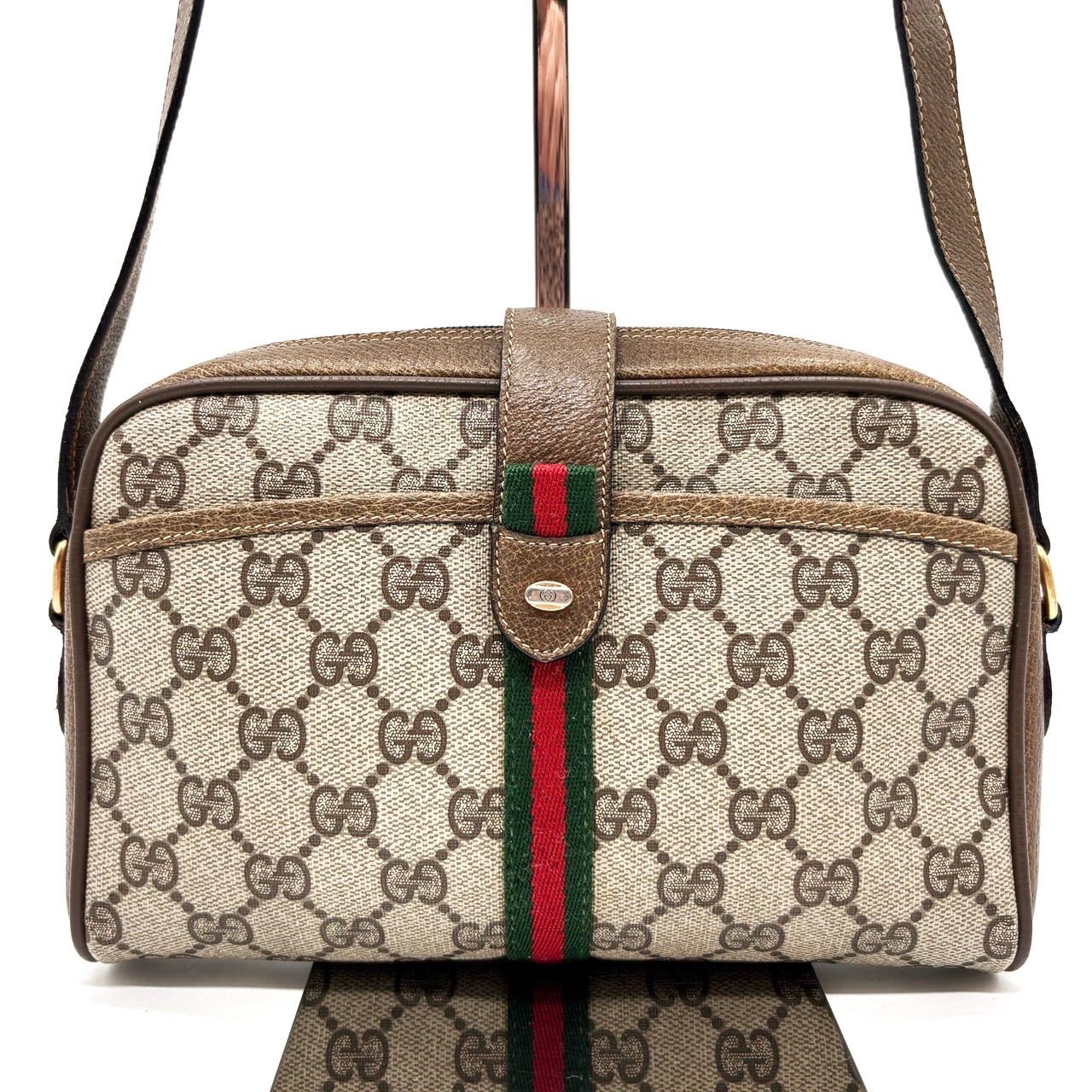GUCCI GGキャンバス クロスボディ ショルダーバッグ 茶 PVCレザー グッチ ジャンボGG キャンバス×レザー 2WAYショルダーバッグ