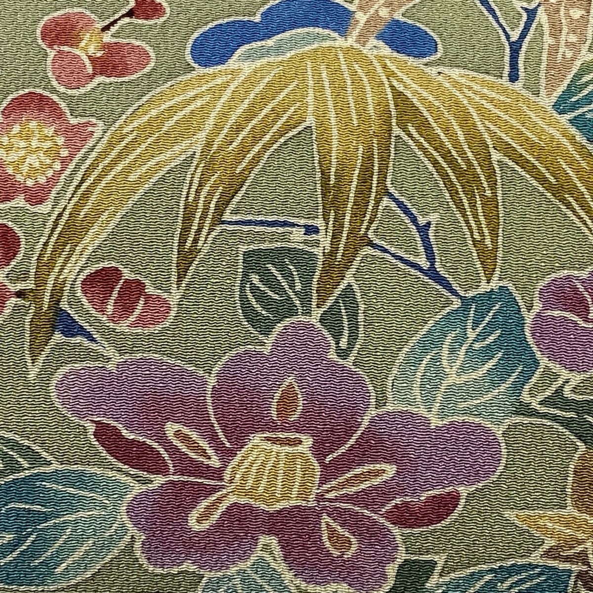 名古屋帯 秀品 落款 松竹梅 椿 縮緬 鶯色 正絹