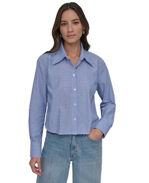 売れ筋商品|||ダナ キャラン ニューヨーク カットソー トップス レディース Plus Size Reverse Satin Button-Front Shirt Skyway Blue 送料無料】 ダナ キャラン ニューヨーク レディース シャツ