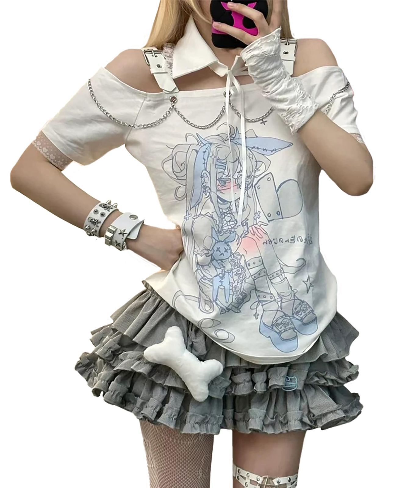 [ＸＨＳＵＫＡＤＯ] 量産型 Ｔシャツ 半袖 プリント レース アニメ 肩出し レディース 病み可愛い カットソー 原宿系 サブカル系 漫画 体型カバー トップス かっこいい 春 夏