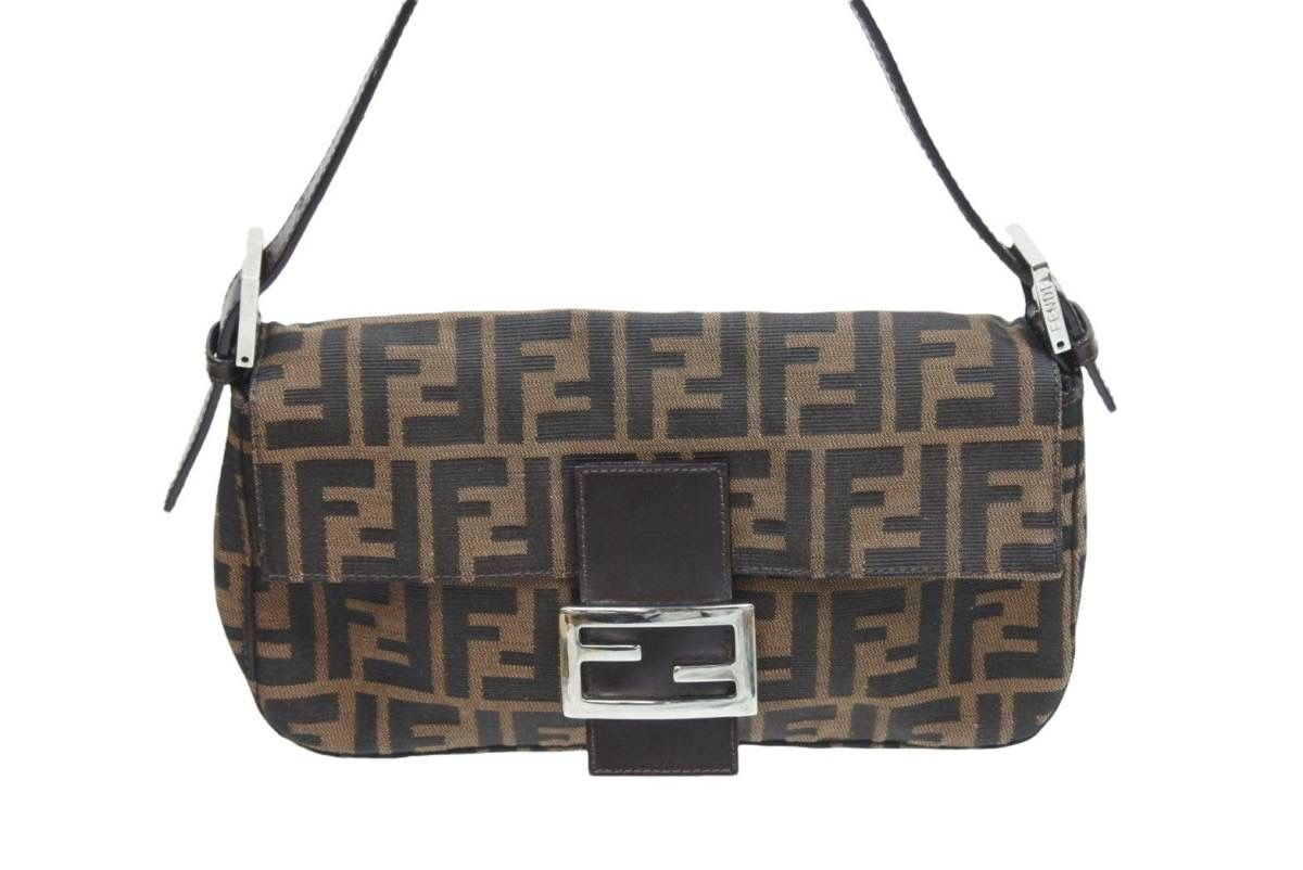 FENDI フェンディ ハンドバッグ ズッカ マンマハケット キャンハス レザー シルバー金具 ブラウン 美品 中古 51574