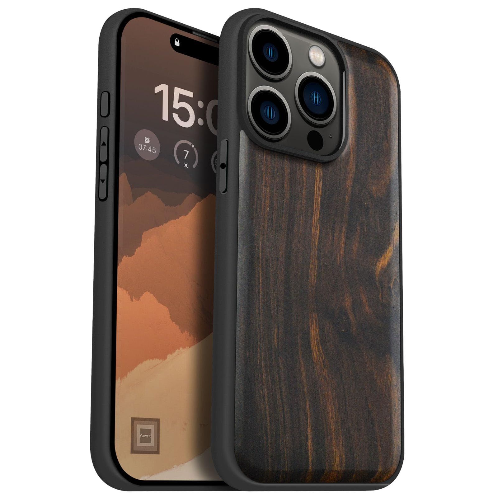 Carveit 磁気木製ケース iPhone 15 Pro用ケース [無垢材u0026ブラックソフトTPU] 耐衝撃保護カバー ユニークな木製ケース magsafe対応 (天然木-ブラック [ウッド-ダークウッド] [iPhone 15 Pro (6.1 inch)]