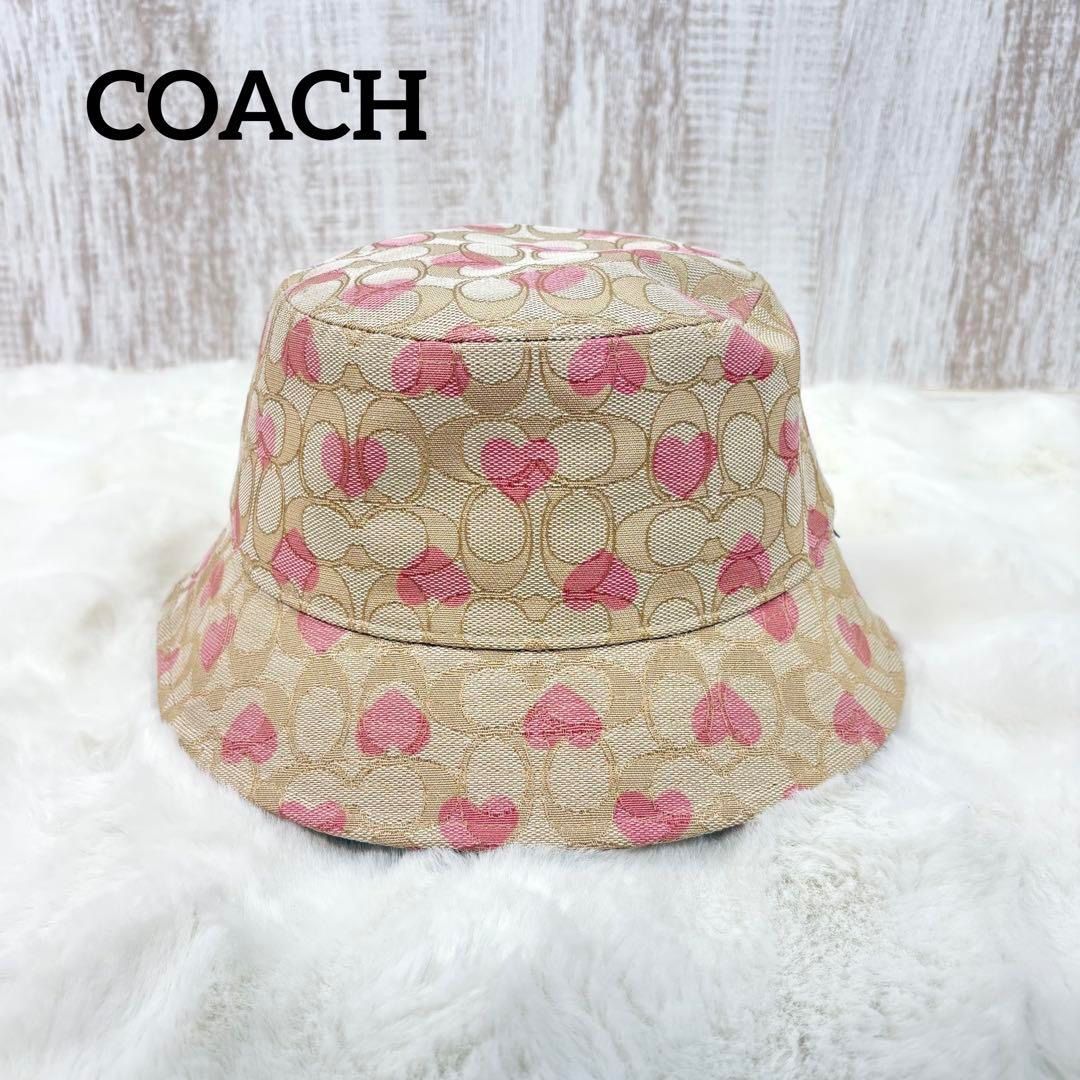 品 COACH コーチ シグネチャー ハート プリント 総柄 バケットハット ピンク