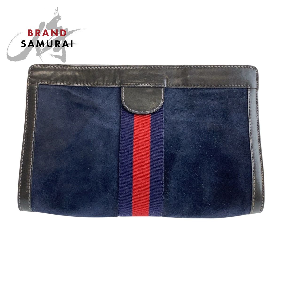 GUCCI グッチ ヴィンテージ グッチ シェリーライン ネイビー ブラック スウェード|レザー クラッチバッグ メンズ 503042