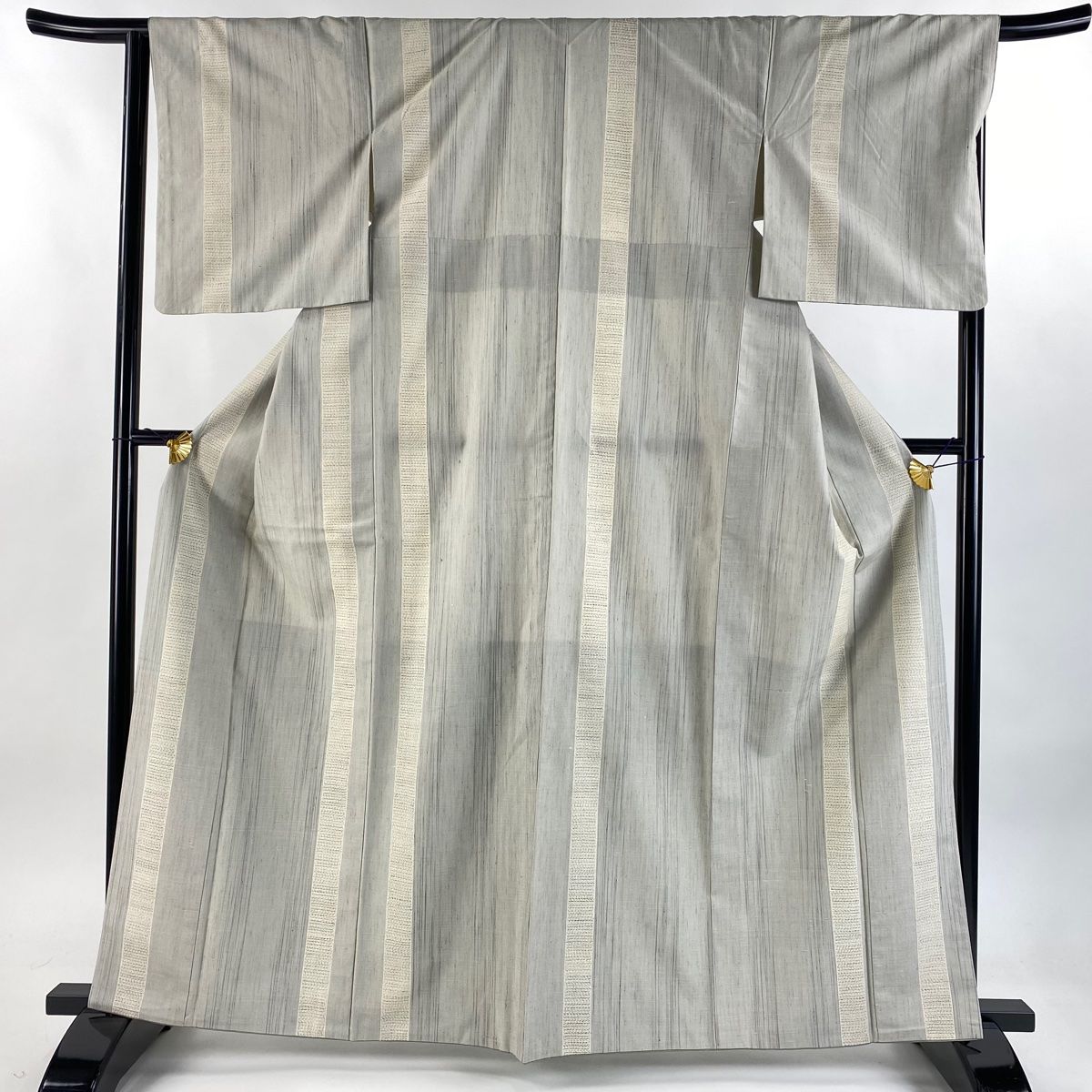 紬 身丈164cm 裄丈65.5cm M 袷 縦縞 亀甲絣 灰緑 正絹 秀品