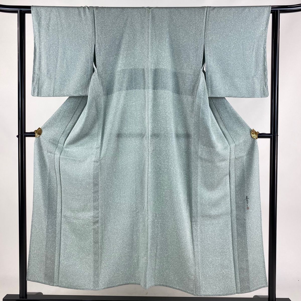 小紋 身丈151.5cm 裄丈61cm S 単衣 松井青々 落款 幾何学 薄緑 正絹 名品 一つ紋