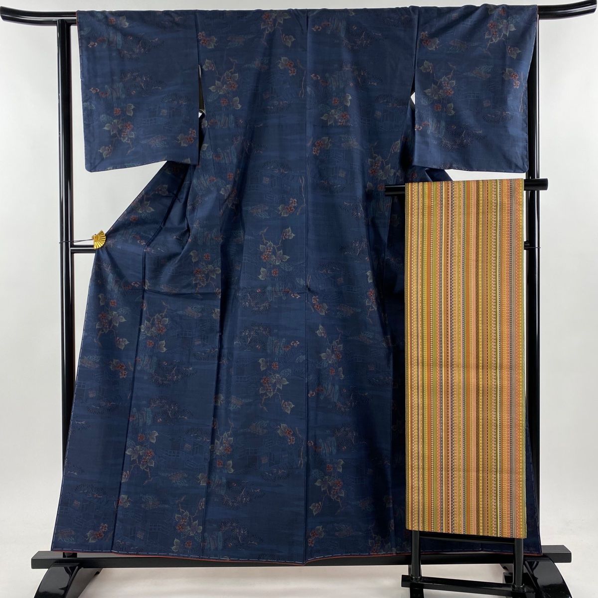 紬 身丈159cm 裄丈63.5cm S 袷 名古屋帯セット 枝花 家屋 紺色 正絹 美  
