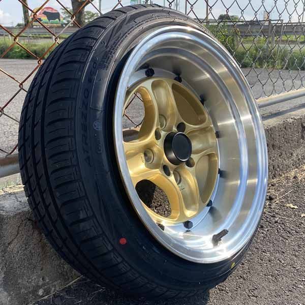 15インチ 8J ±0 PCD 100 114.3 4穴 タイヤホイール4本セット 165|50R15 165|55R15 軽 軽トラ 軽バン ローダウン車 旧車 深リム ゴールド 黒ビス