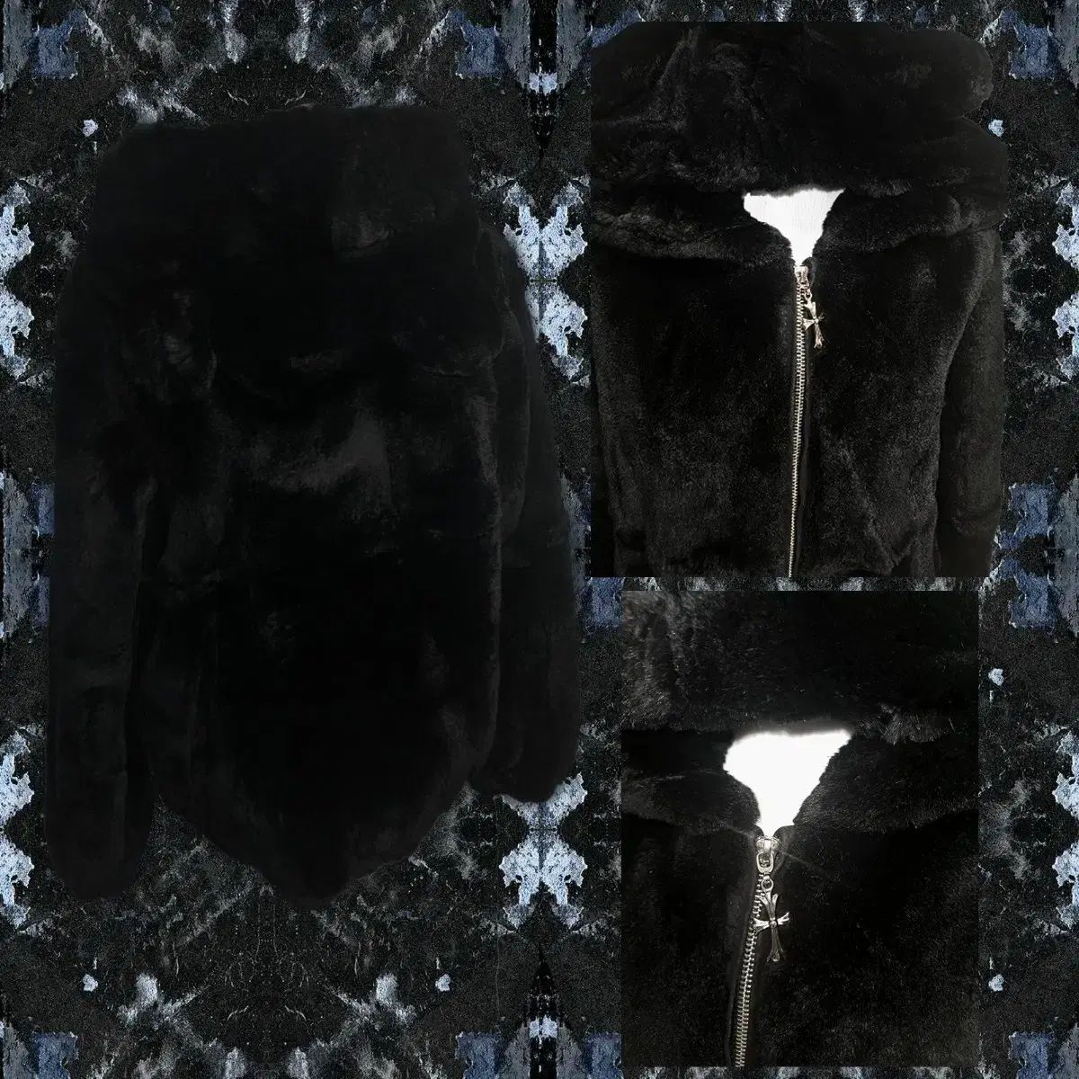 ヴィンテージ ゴス パンク ユニセックス ファージャケット ギャル クマミミ ファー パーカ クマ耳 フードジップアップ