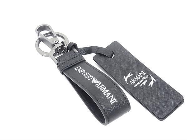 新品未使用 EMPORIO ARMANI エンポリオアルマーニ レザー キーホルダー キーリング バッグチャーム ブラック系 FD2862