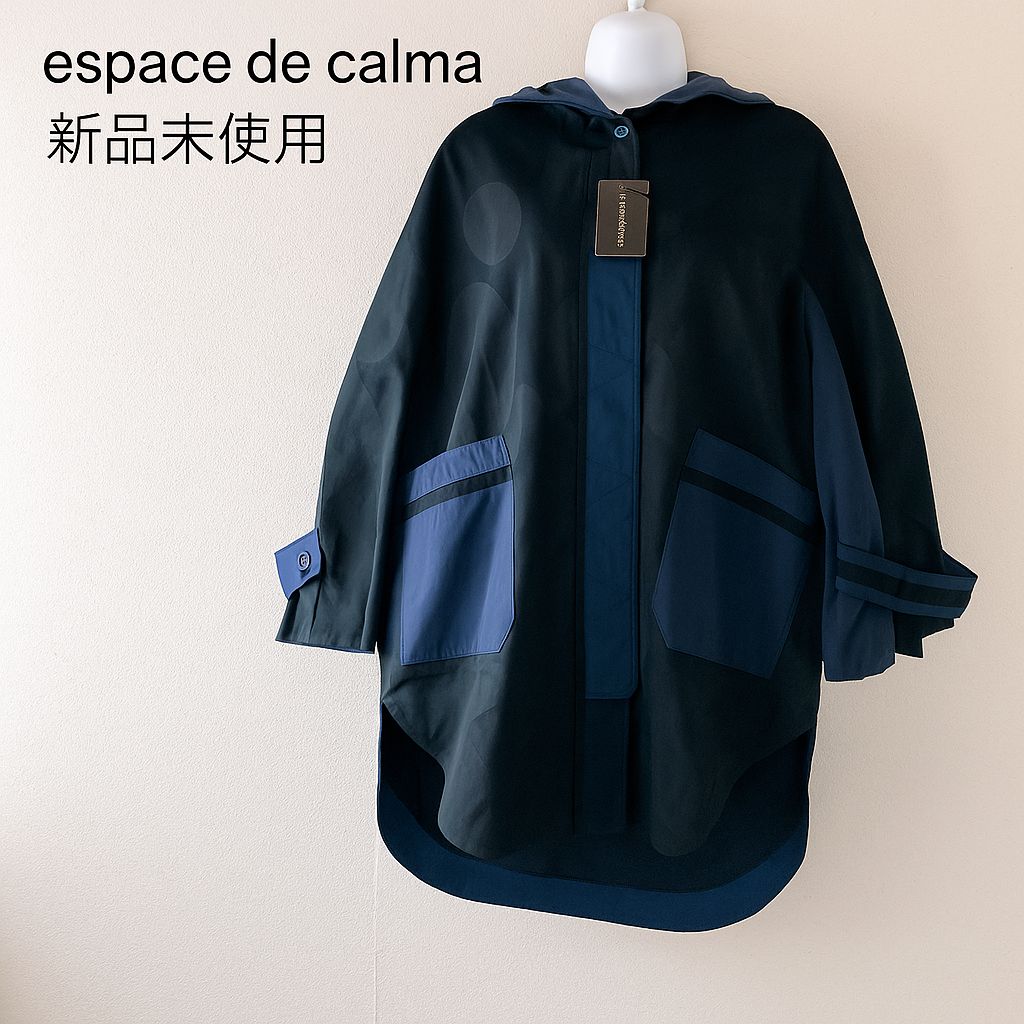 タグ付き espace de calma エスパスドカルマ ドットジャガード フード付きコート 15号 3L相当 ネイビー配色 薄手 軽量アウター モッズコート ゆったり体型カバー 春秋 レディース