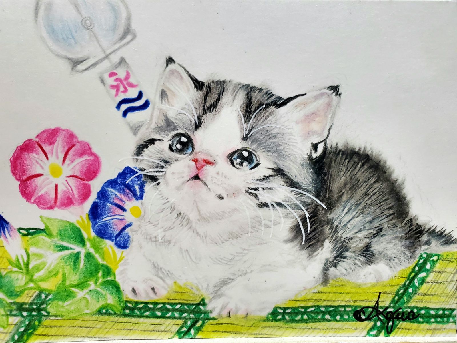 AQUA&癒し色鉛筆画「子猫と夏」ハガキサイズ - メルカリ