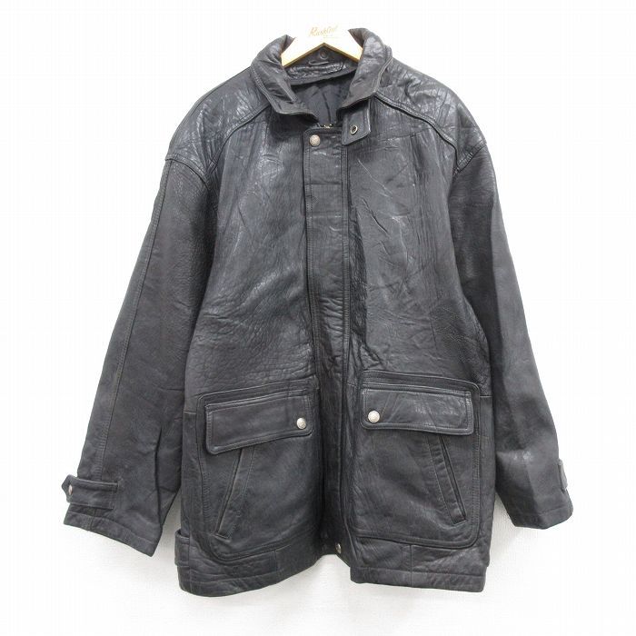 XL/古着 長袖 レザー ジャケット メンズ ロング丈 黒 ブラック 24sep24 中古 アウター 革ジャン 皮ジャン