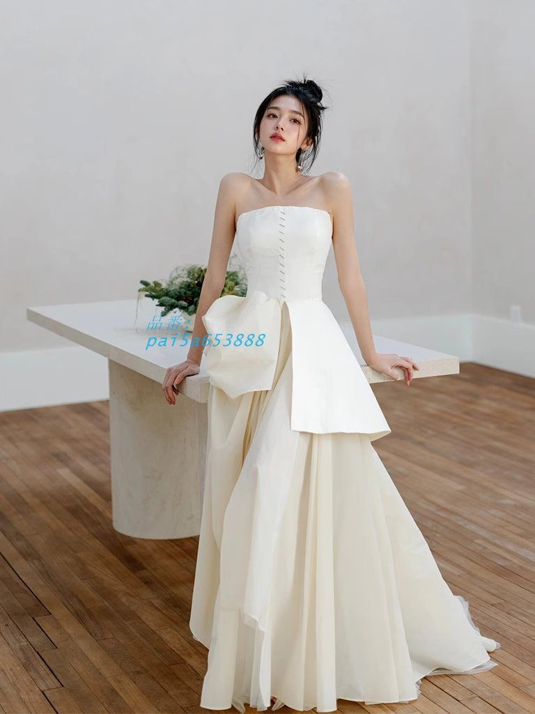 ウェディングドレス ロングドレス Aラインドレス ベアトップ スリット アシンメト二次会 前撮り ウエディングドレス 花嫁 結婚式 チュール ブライダル pai5a653888