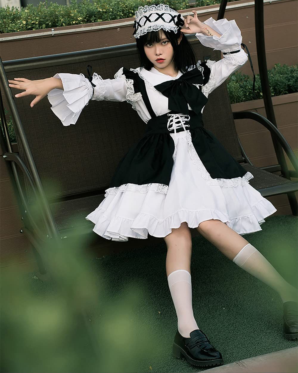 [YIUHK] メイド服 ロリータ コスプレ ハロウィン 仮装 レディース ワンピース エプロン イベント リボン 長袖 カチューシャ ニーハイソックス付き 5点セット