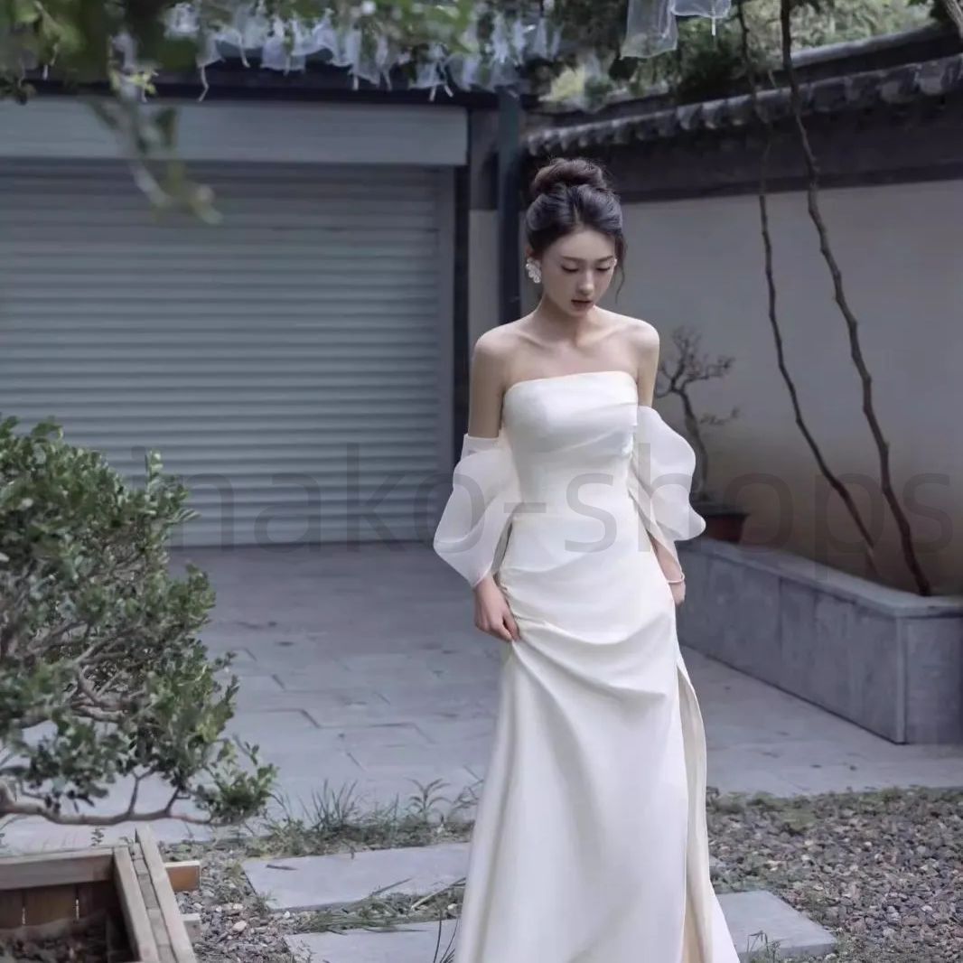 ♥ サテン ウェディングドレス 前撮りドレス マーメイド ウエディングドレス 二次会ドレス花嫁 オフショルダー オフショル 袖