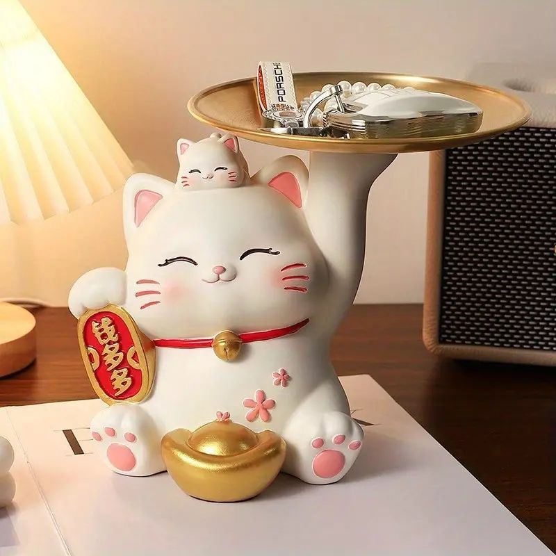 鍵置きボウル キーホルダー 収納皿 - 猫像 フィギュア 彫刻 デスク