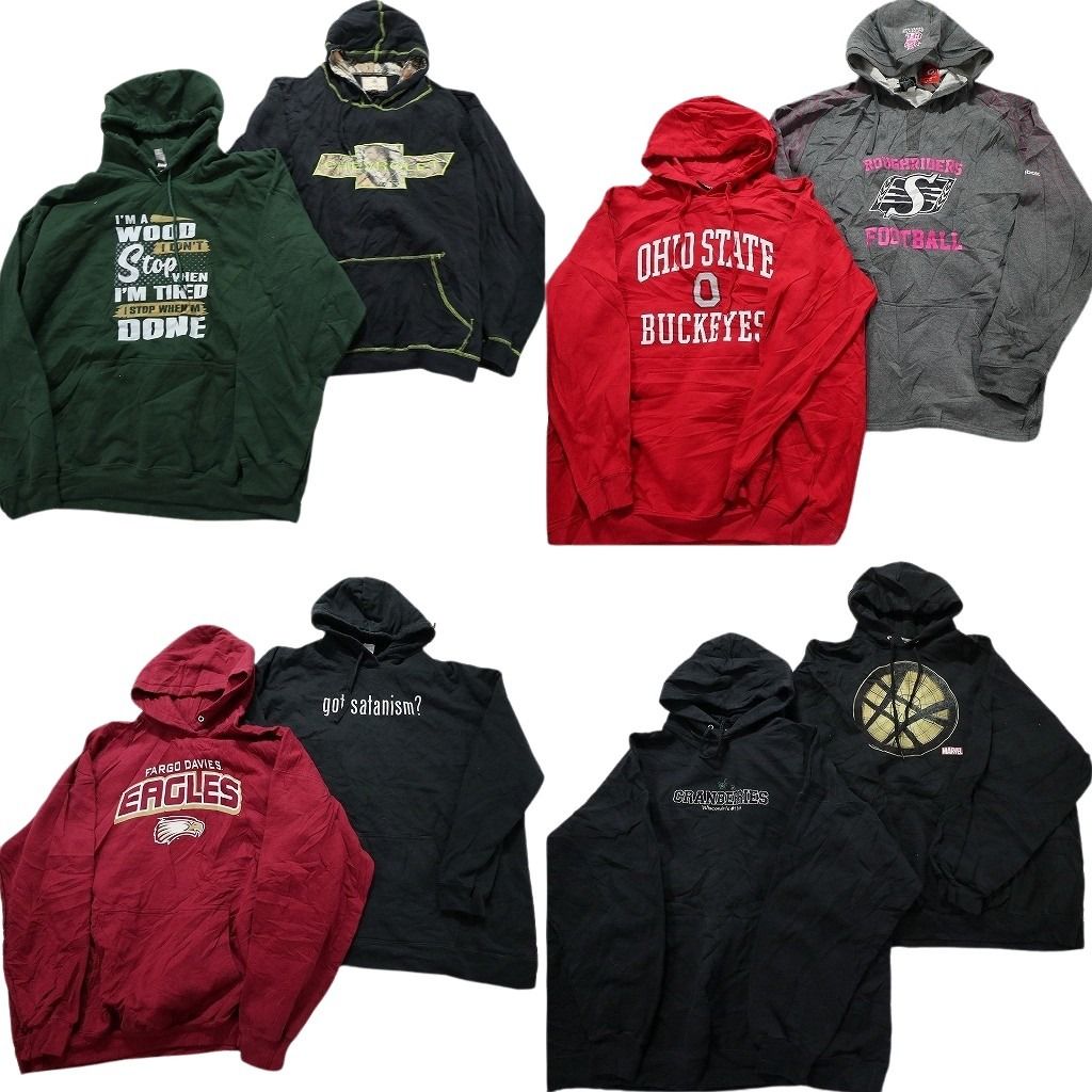 古着卸 まとめ売り カラー パーカー スウェット 8枚セット (メンズ 2XL /3XL ) マーベル カレッジ風 企業 シボレー ブラック グレー MX4552