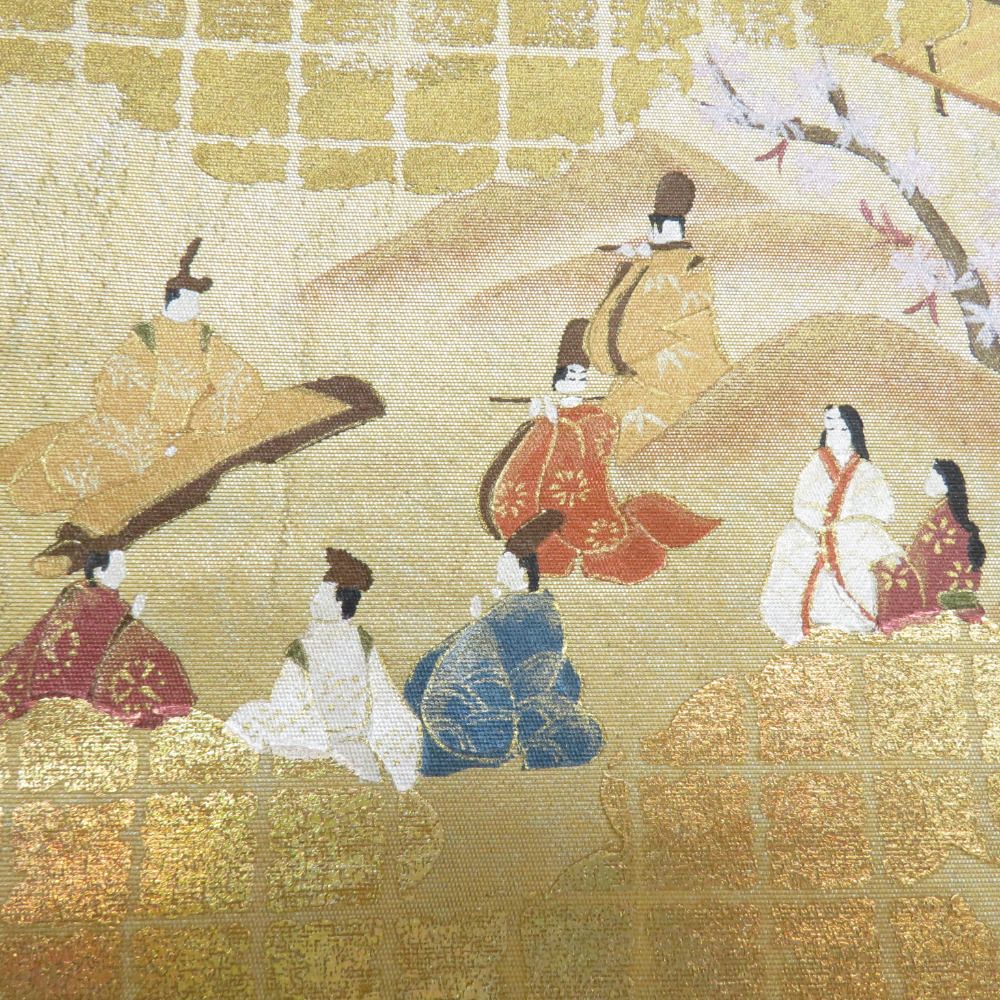 袋帯 平安絵巻文様 金糸 箔入り 金色x多色 六通柄 お太鼓柄 正絹