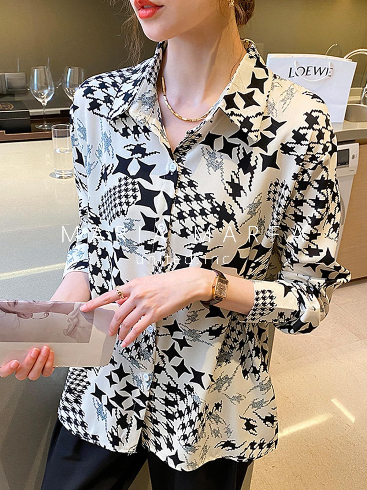 MARIA MARFA 千鳥 モダン パターン シャツ 総柄 ブラウス 上品 ...