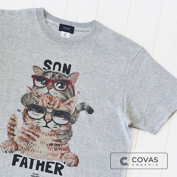 COVAS　メンズ＆レディース・半袖Tシャツ　”親子猫”　杢グレー　337343-14