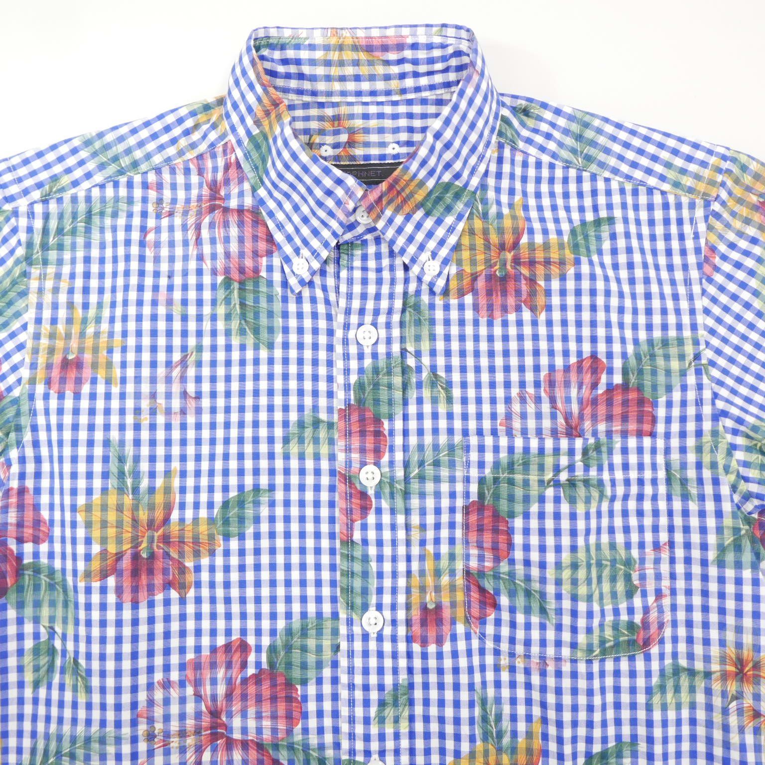 美品 SOPHNET ソフネット 15SS フラワー プリント ギンガム チェック BD シャツ FLOWER GINGHAM CHECK B.D SHIRT ブルー L 人気SALE，品質保証 SOPHNET. FLOWER OVER PRINT B.D SHIRT FRONT M 16ss