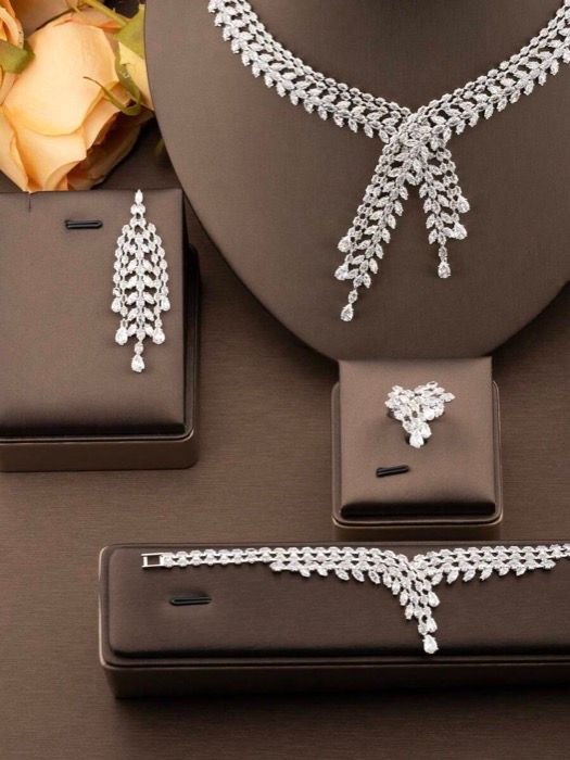 ジュエリー レディース セット 1セット エレガントキュービックジルコニア小麦デザインジュエリーセット ピアス1ペア ネックレス1個 ブレスレット1個 リング1個が含まれ 女性の結婚式やパーティーに適しています