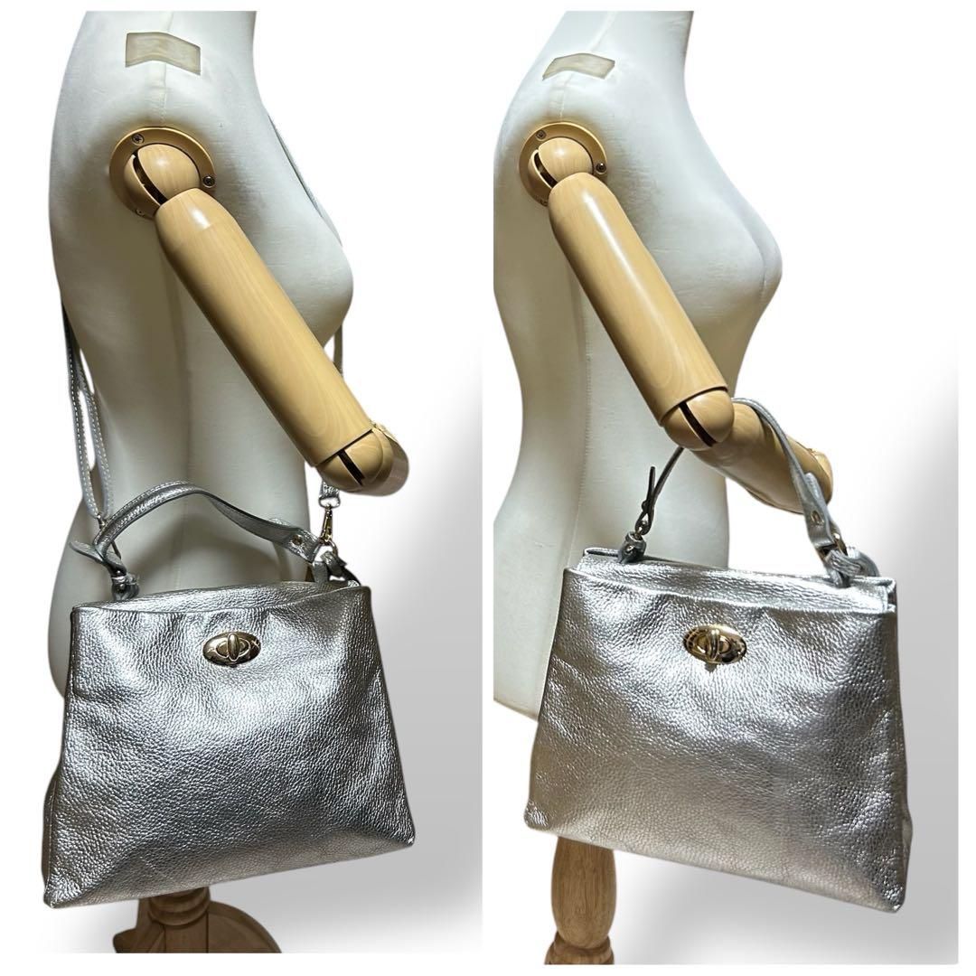 良品 2007 ASHELEN ハンドバッグ 2way ターンロック シルバー 良品 2007 ASHELEN ハンドバッグ 2way ターンロック シルバー
