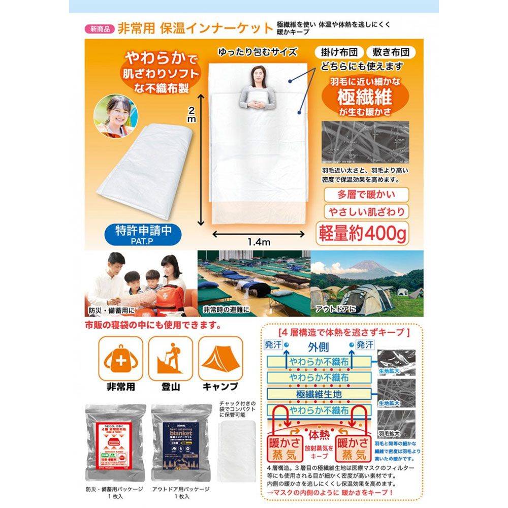 4層 非常用毛布 不織布製 防災・備蓄用 ホワイト 140×200cm 1枚入 2個