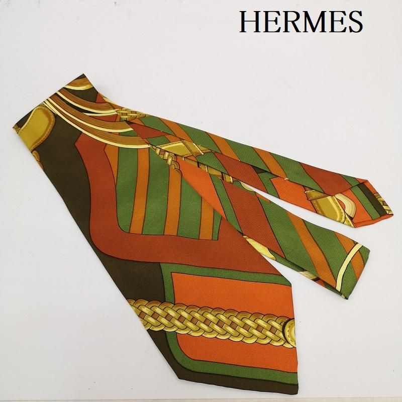 HERMES エルメス　ネクタイ　スカーフ柄　ヴィンテージ　希少　シルク 美品 希少デザイン HERMES エルメス ネクタイ スカーフ柄 ベルト