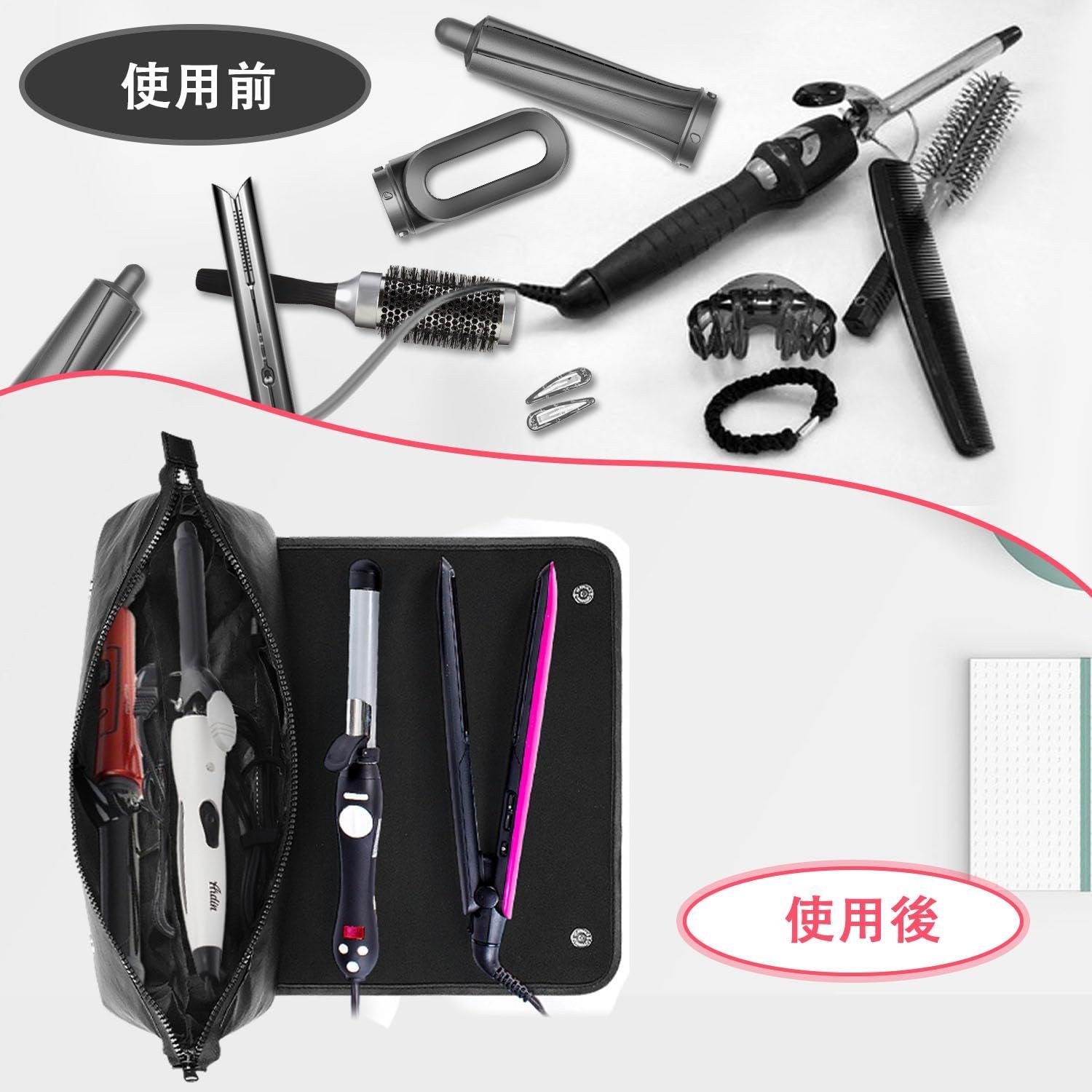 ヘアツール トラベル オーガナイザー バッグ 耐熱マット付き 2-in-1